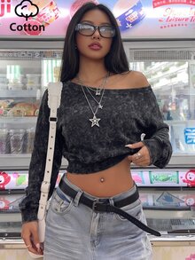 Balvessa Sweatshirt Wanita dengan Bahu Asimetris, Gaya Kasual Jalanan, Kain Bertekstur Motif Salju - Hitam - View 3