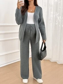SHEIN Maternity Minimalist Long Sleeve Sweater And Adjustable Waist Long Pants Set Winter - Grey - View 2