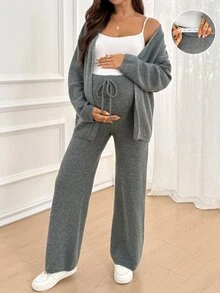 SHEIN Maternity Minimalist Long Sleeve Sweater And Adjustable Waist Long Pants Set Winter - Grey - View 1