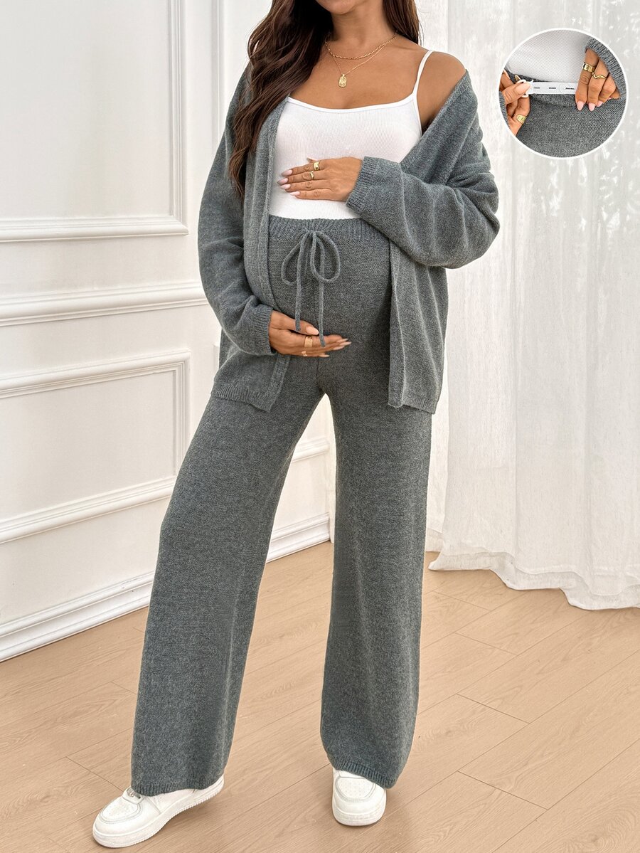 SHEIN Maternity Minimalist Long Sleeve Sweater And Adjustable Waist Long Pants Set Winter - Grey - View 1