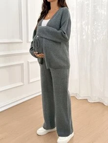 SHEIN Maternity Minimalist Long Sleeve Sweater And Adjustable Waist Long Pants Set Winter - Grey - View 6