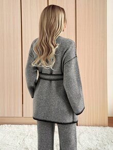 SHEIN EZwear كارديجان محبوك بأكمام طويلة وألوان متباينة وجيوب للنساء - رمادي - مشاهدة 2