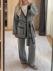 SHEIN EZwear كارديجان محبوك بأكمام طويلة وألوان متباينة وجيوب للنساء - رمادي - مشاهدة 11