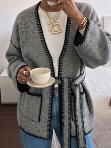 SHEIN EZwear كارديجان محبوك بأكمام طويلة وألوان متباينة وجيوب للنساء - رمادي - مشاهدة 10