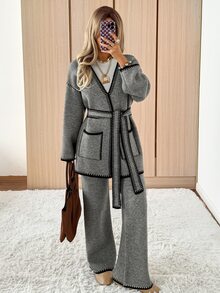 SHEIN EZwear كارديجان محبوك بأكمام طويلة وألوان متباينة وجيوب للنساء - رمادي - مشاهدة 5
