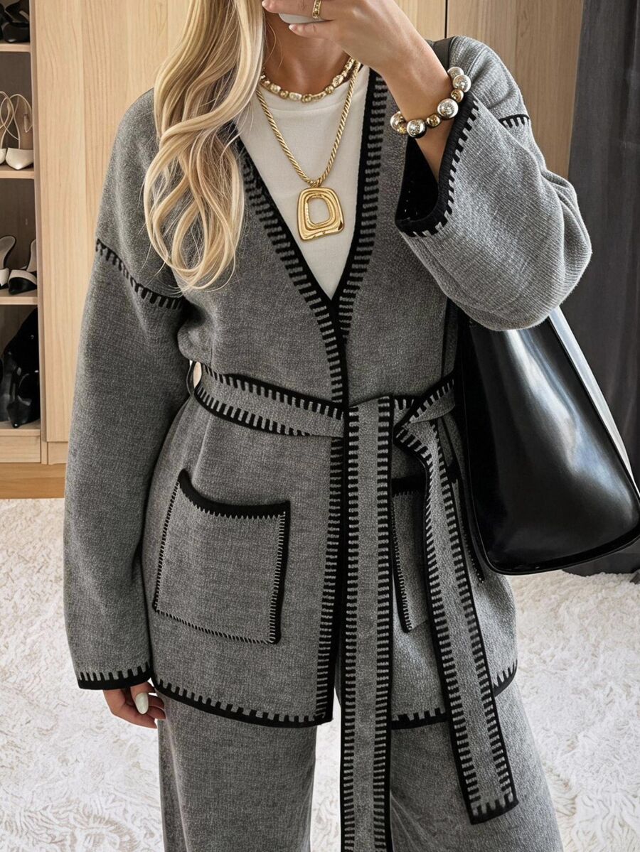 SHEIN EZwear كارديجان محبوك بأكمام طويلة وألوان متباينة وجيوب للنساء - رمادي - مشاهدة 1