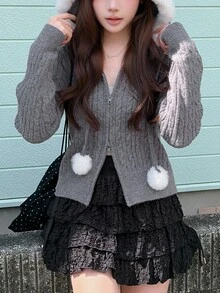 FRIFUL Cardigan Rajut Wanita Musim Gugur dengan Tudung, Warna Kontras, Kain Berbulu, dan Resleting Ganda - Grey - View 9