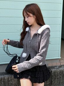 FRIFUL Cardigan Rajut Wanita Musim Gugur dengan Tudung, Warna Kontras, Kain Berbulu, dan Resleting Ganda - Grey - View 6