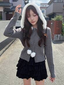 FRIFUL Cardigan Rajut Wanita Musim Gugur dengan Tudung, Warna Kontras, Kain Berbulu, dan Resleting Ganda - Grey - View 7