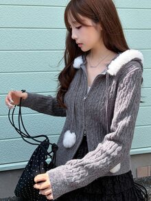FRIFUL Cardigan Rajut Wanita Musim Gugur dengan Tudung, Warna Kontras, Kain Berbulu, dan Resleting Ganda - Grey - View 1