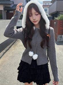 FRIFUL Cardigan Rajut Wanita Musim Gugur dengan Tudung, Warna Kontras, Kain Berbulu, dan Resleting Ganda - Grey - View 10