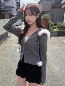 FRIFUL Cardigan Rajut Wanita Musim Gugur dengan Tudung, Warna Kontras, Kain Berbulu, dan Resleting Ganda - Grey - View 8