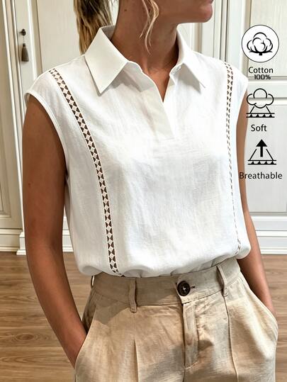 Louniche Top Feminina Tamanho Padrão Bege de Algodão Puro com Manga Curta e Gola, Bordado Vazado Lateral, Top Casual Solto para Férias e Uso Diário