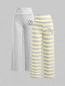 Tween Girls 2pcs Grey Knit Casual Pants, Very Soft Fabric, Elastic Waist Loose Straight Leg, Autumn Daily Casual Versatile - Multicolor - View 4