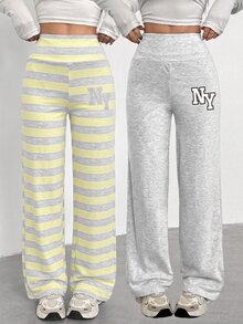 Tween Girls 2pcs Grey Knit Casual Pants, Very Soft Fabric, Elastic Waist Loose Straight Leg, Autumn Daily Casual Versatile - Multicolor - View 3