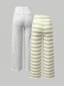 Tween Girls 2pcs Grey Knit Casual Pants, Very Soft Fabric, Elastic Waist Loose Straight Leg, Autumn Daily Casual Versatile - Multicolor - View 2