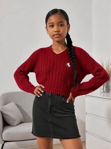 SHEIN 1件女款套頭毛衣，經典麻花編織純色時尚V領修身長袖適中厚度針織套頭衫，胸前黑色馬刺繡設計，舒適顯身材，適合單穿，春秋必備，休閒百搭，適用日常穿著、居家、外出、聚會與購物 - 紅色 - 查看 3