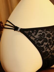 Divavoom Women's Sexy Black Lace Rhinestone Decor Thong - Black - View 5