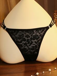 Divavoom Women's Sexy Black Lace Rhinestone Decor Thong - Black - View 4