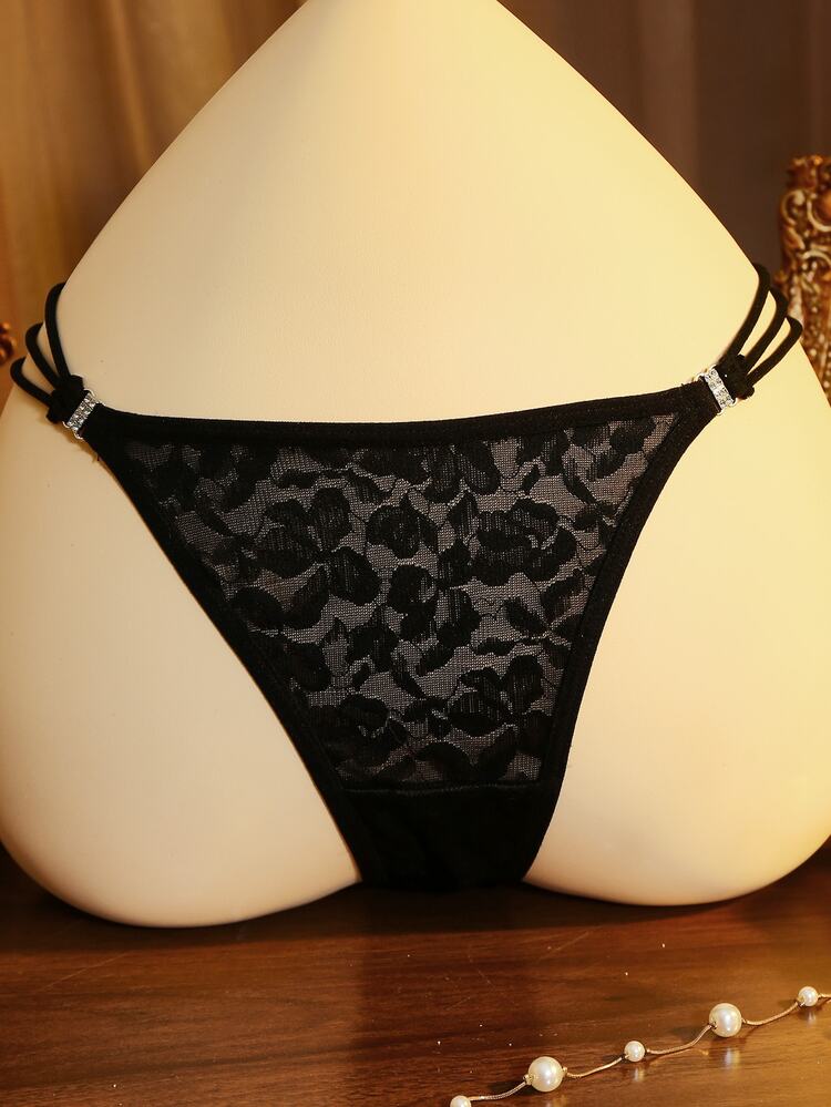 Divavoom Women's Sexy Black Lace Rhinestone Decor Thong - Black - View 4