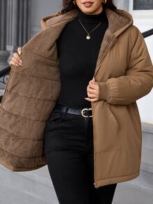 SHEIN Clasi جاكيت شتوي كاجوال بغطاء رأس وسحاب أمامي وأكمام طويلة بلون موحد للنساء بمقاسات كبيرة - كاكي - مشاهدة 12