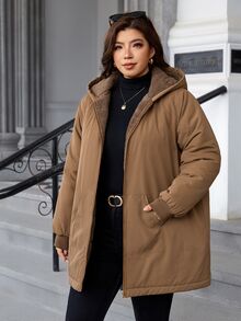 SHEIN Clasi جاكيت شتوي كاجوال بغطاء رأس وسحاب أمامي وأكمام طويلة بلون موحد للنساء بمقاسات كبيرة - كاكي - مشاهدة 7