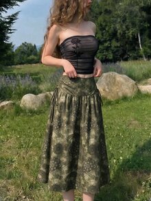 SHEIN MOD 波西米亞風女款抽象花卉印花抽繩腰半身裙，復古印花中長裙 - 墨綠色 - 查看 3