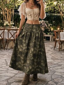 SHEIN MOD 波西米亞風女款抽象花卉印花抽繩腰半身裙，復古印花中長裙 - 墨綠色 - 查看 2