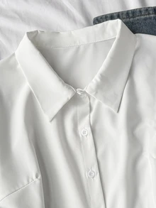 SHEIN 青少年女孩秋季上衣 白色領口長袖襯衫 素色修身收腰設計 度假穿搭 - 白色 - 查看 5