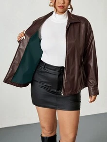 Firerie Plus Size Solid Color Zip-Up Casual Cowboy Versatile Long Sleeve Jacket Autumn Winter For Women Brown - Coffee Brown - View 10