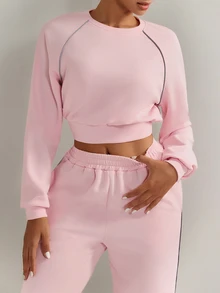 Nuvra Solid Color Reflective Stripe Minimalist Casual Daily Sports Outfit Loose Fit Sportswear Set - Pink - View 8