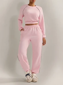 Nuvra Solid Color Reflective Stripe Minimalist Casual Daily Sports Outfit Loose Fit Sportswear Set - Pink - View 10
