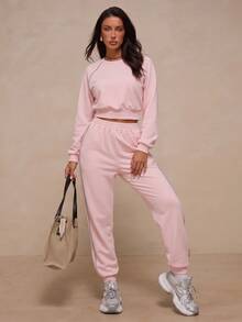 Nuvra Solid Color Reflective Stripe Minimalist Casual Daily Sports Outfit Loose Fit Sportswear Set - Pink - View 1