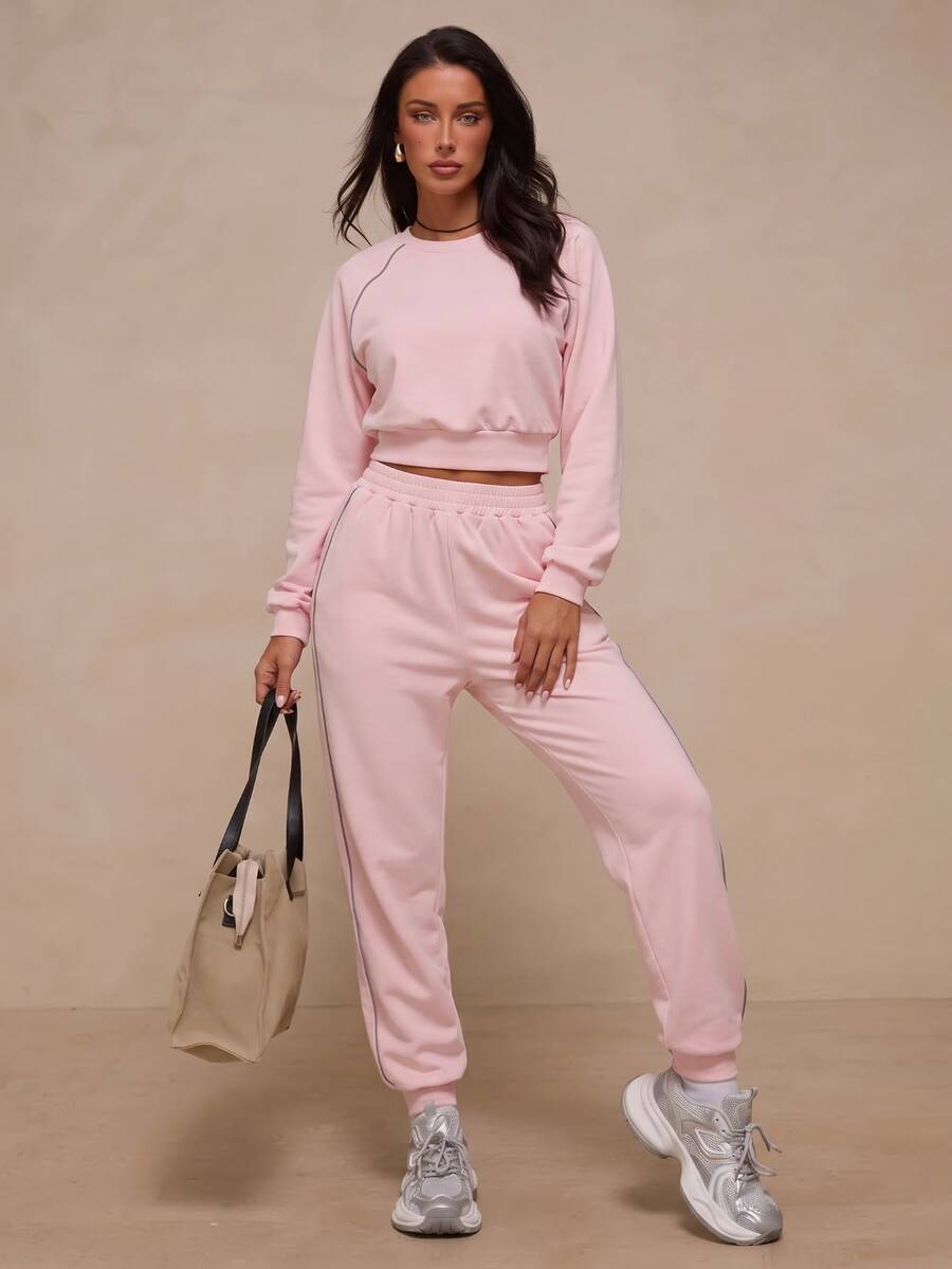 Nuvra Solid Color Reflective Stripe Minimalist Casual Daily Sports Outfit Loose Fit Sportswear Set - Pink - View 1