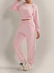 Nuvra Solid Color Reflective Stripe Minimalist Casual Daily Sports Outfit Loose Fit Sportswear Set - Pink - View 7