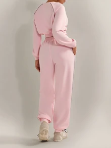 Nuvra Solid Color Reflective Stripe Minimalist Casual Daily Sports Outfit Loose Fit Sportswear Set - Pink - View 5