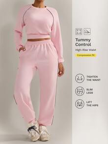 Nuvra Solid Color Reflective Stripe Minimalist Casual Daily Sports Outfit Loose Fit Sportswear Set - Pink - View 6