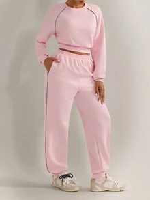 Nuvra Solid Color Reflective Stripe Minimalist Casual Daily Sports Outfit Loose Fit Sportswear Set - Pink - View 9