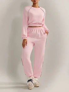 Nuvra Solid Color Reflective Stripe Minimalist Casual Daily Sports Outfit Loose Fit Sportswear Set - Pink - View 11