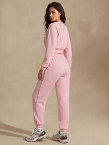 Nuvra Solid Color Reflective Stripe Minimalist Casual Daily Sports Outfit Loose Fit Sportswear Set - Pink - View 2