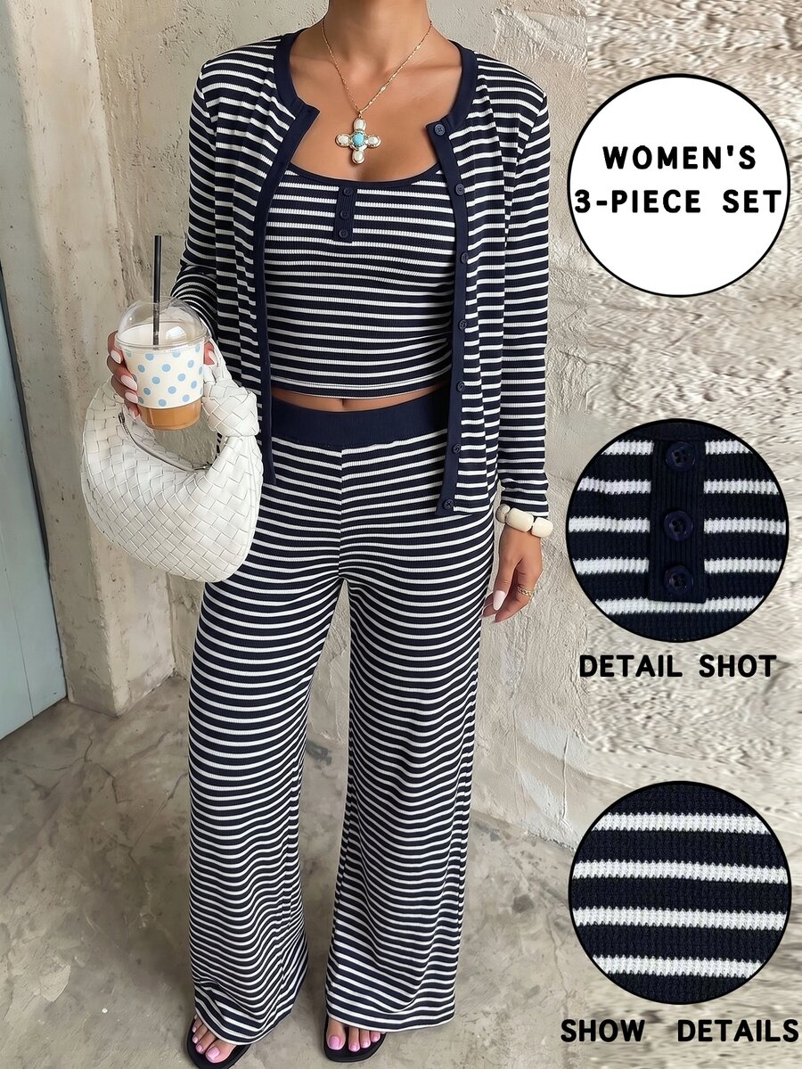 Cévolie Women's Fashion Casual Minimalist Vacation Striped Single-Breasted Long Sleeve Top, Camisole And Long Pants Set - Royal Blue - View 1