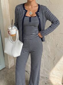 Cévolie Women's Fashion Casual Minimalist Vacation Striped Single-Breasted Long Sleeve Top, Camisole And Long Pants Set - Royal Blue - View 3