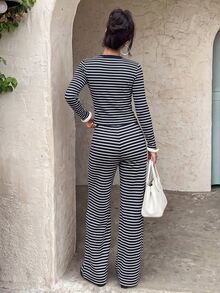 Cévolie Women's Fashion Casual Minimalist Vacation Striped Single-Breasted Long Sleeve Top, Camisole And Long Pants Set - Royal Blue - View 2