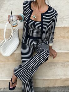 Cévolie Women's Fashion Casual Minimalist Vacation Striped Single-Breasted Long Sleeve Top, Camisole And Long Pants Set - Royal Blue - View 5