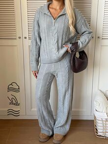 SHEIN EZwear Half-Zip Sweater & Knitted Pants Set - Light Grey - View 11