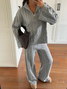 SHEIN EZwear Half-Zip Sweater & Knitted Pants Set - Light Grey - View 9