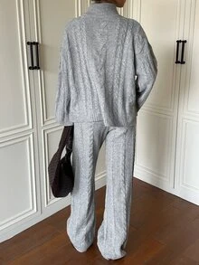 SHEIN EZwear Half-Zip Sweater & Knitted Pants Set - Light Grey - View 3