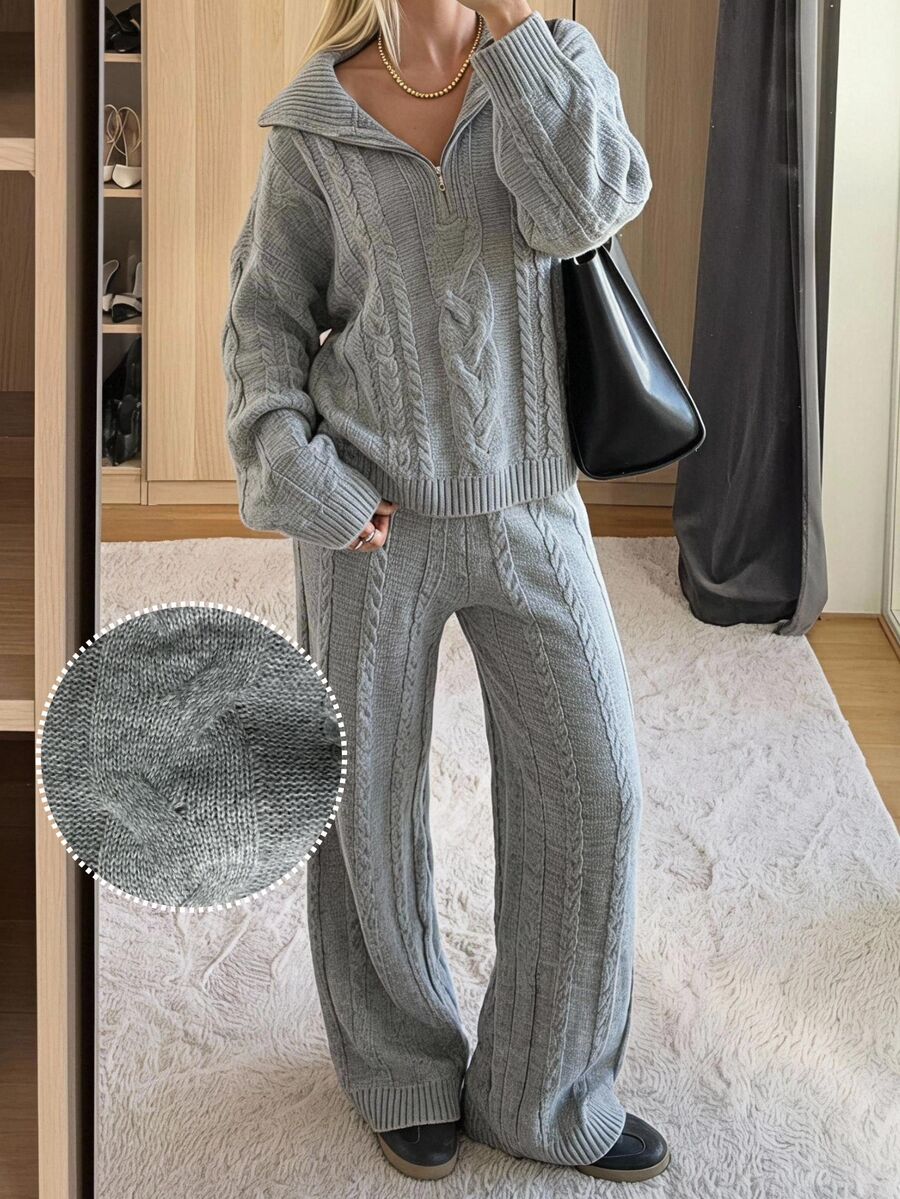 SHEIN EZwear Half-Zip Sweater & Knitted Pants Set