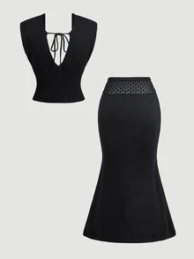 SHEIN MOD Plus Size Knit Sheer Waist Drawstring Midi Skirt And Sleeveless Deep V Neck Top Set,Gothic Two Piece Set,Two Piece Set Women Skirt,Woolen Suit - Black - View 5