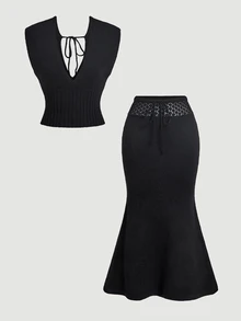 SHEIN MOD Plus Size Knit Sheer Waist Drawstring Midi Skirt And Sleeveless Deep V Neck Top Set,Gothic Two Piece Set,Two Piece Set Women Skirt,Woolen Suit - Black - View 4